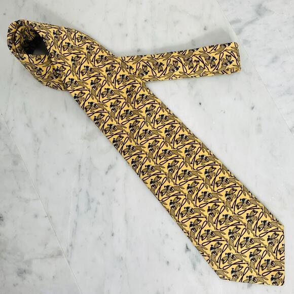 BROOKS BROTHERS MAKERS Tie Silk 59"x3-5/8" Yellow Horse Rider Jumping Whip EUC - Picture 2 of 8